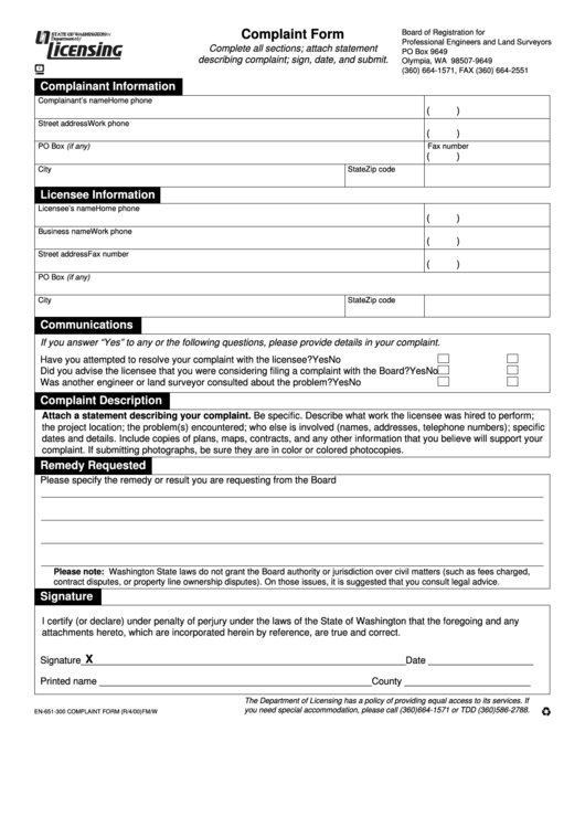 Form En-651-300 - Complaint Form Printable pdf