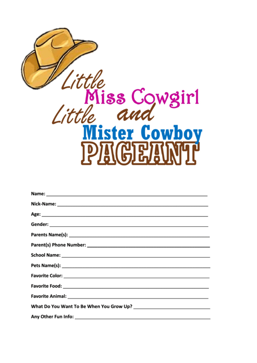 Pageant Form-Mister Cowboy-Scotts Bluff County Fair Grounds Printable pdf