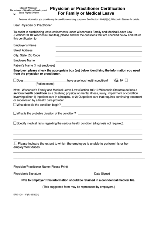 Form Erd-10111-F - Physician Or Practitioner Certification For Family Or Medical Leave February 2001 Printable pdf