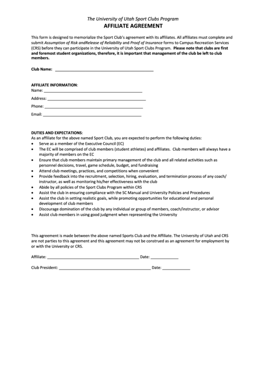 Affiliate Agreement Form-the University Of Utah Sport Clubs Program