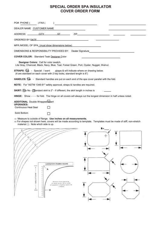 Special Order Spa Insulator Cover Order Form Printable pdf