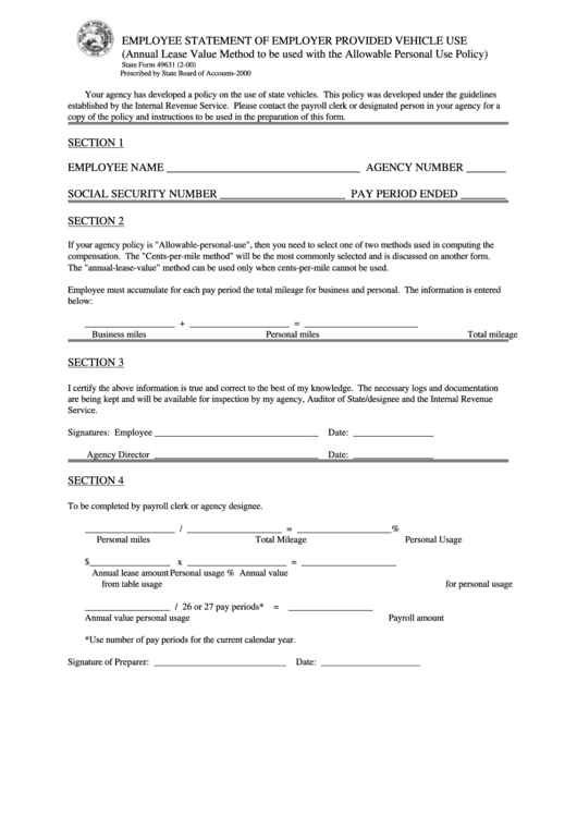 Fillable Form 49631 - Employee Statement Of Employer Provided Vehicle Use 2000 Printable pdf