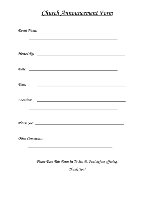 Church Announcement Form printable pdf download