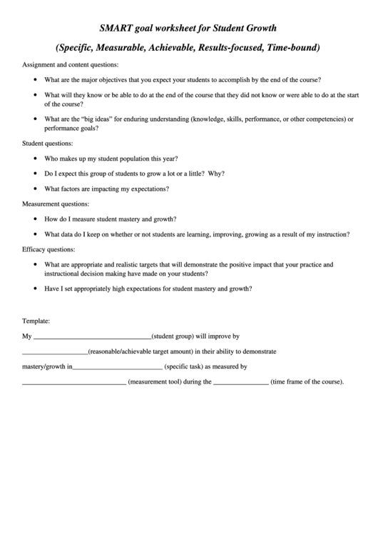 Adult Education Programs Goal Setting Form-Smart Goal Worksheet For Student Growth Printable pdf