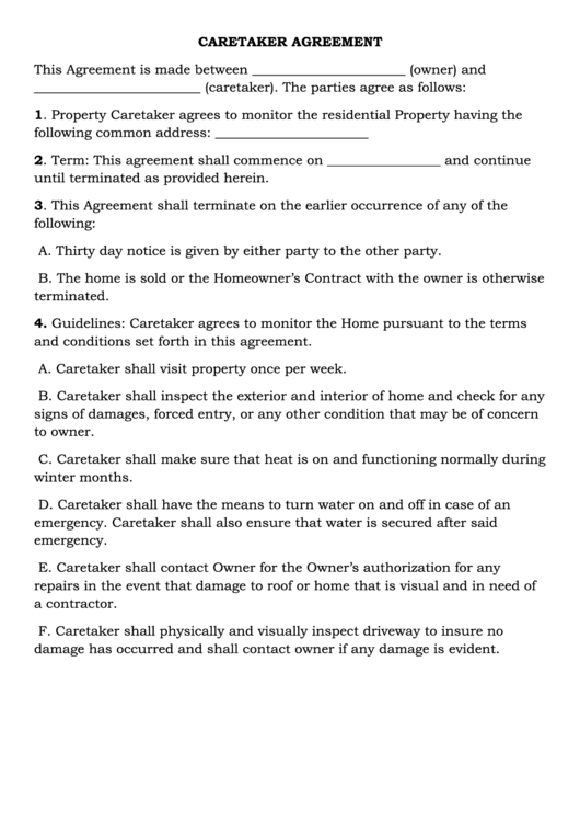 Caretaker Agreement Form Printable pdf