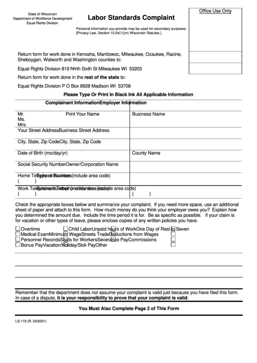 Form Ls-119 - Labor Standards Complaint March 2001 Printable pdf