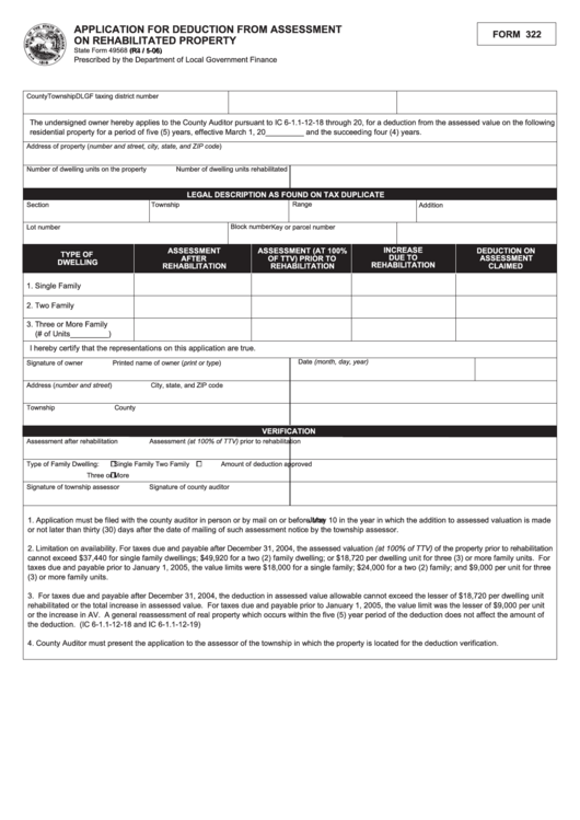 Fillable Form 49568 - Application For Deduction From Assessment On Rehabilitated Property May 2006 Printable pdf