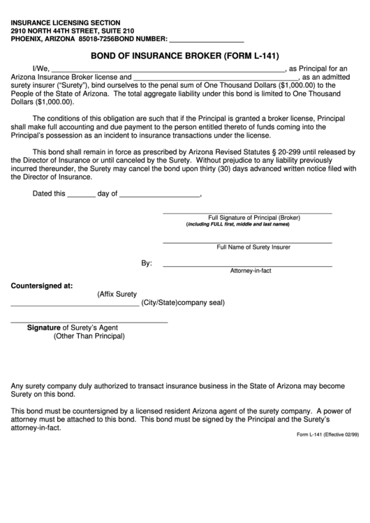 Form L-141 - Bond Of Insurance Broker Printable pdf
