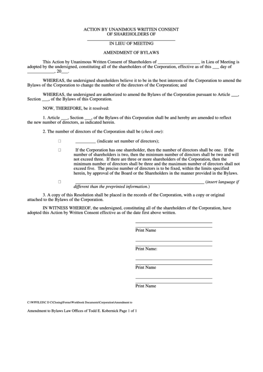 Amendment Of Bylaws Form-Action By Unanimous Written Consent Of Shareholders Printable pdf