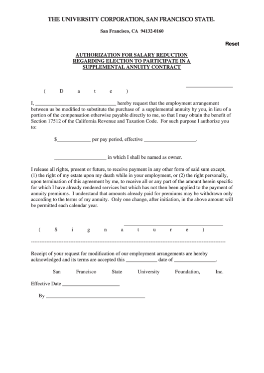 Fillable Authorization For Salary Reduction Regarding Election To Participate In A Supplemental Annuity Contract Form Printable pdf