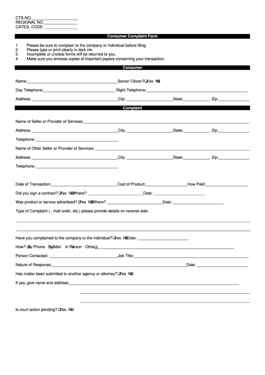 Consumer Complaint Form Printable pdf