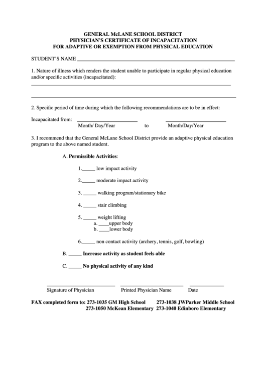 Physician's Certificate Of Incapacitation-for Adaptive Or Exemption From Physical Education Form