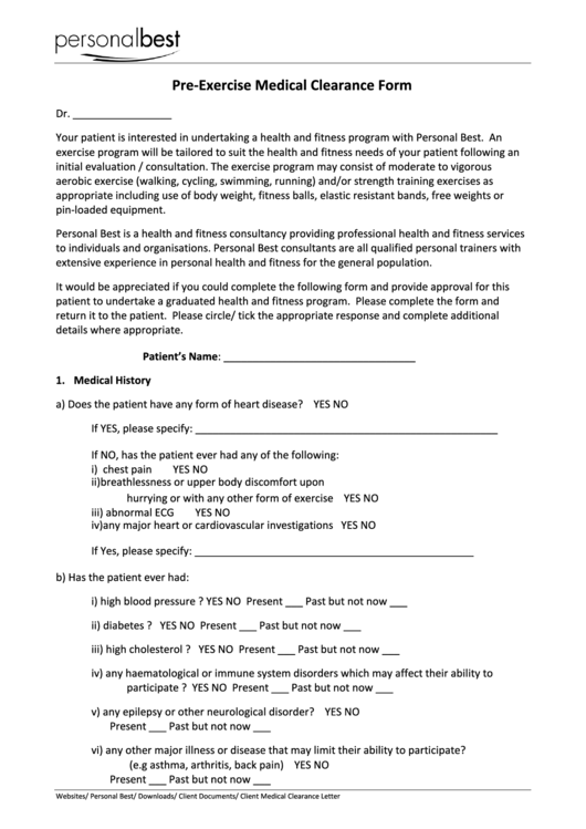 Client Medical Clearance Form Printable pdf