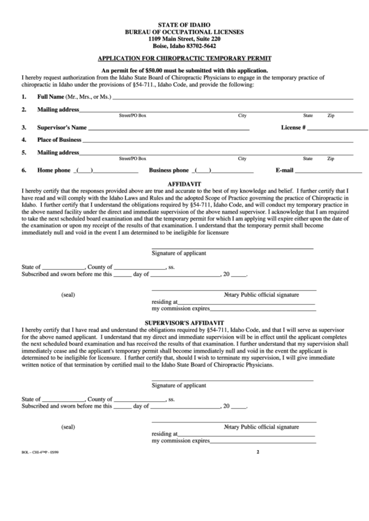 Form Chi-4tmp - Application For Chiropractic Temporary Permit May 1999 Printable pdf