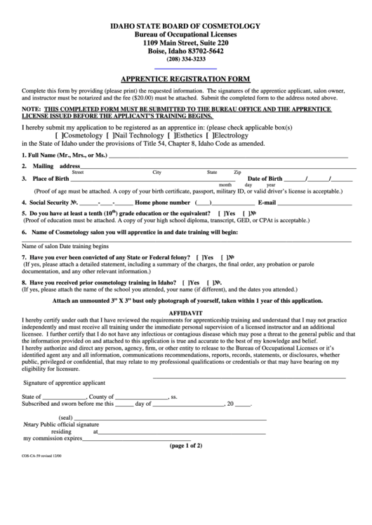 Form Cos-Ca-59 - Apprentice Registration Form Printable pdf