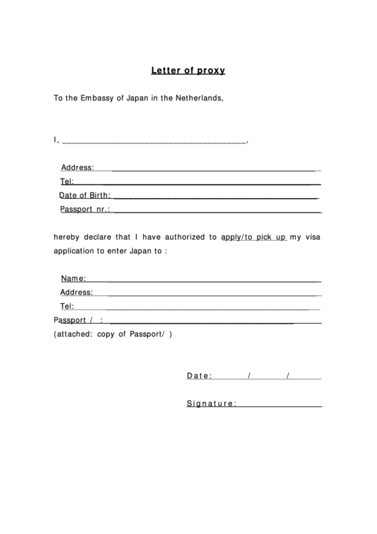 Letter Of Proxy Form-Embassy Of Japan In The Netherlands Printable pdf