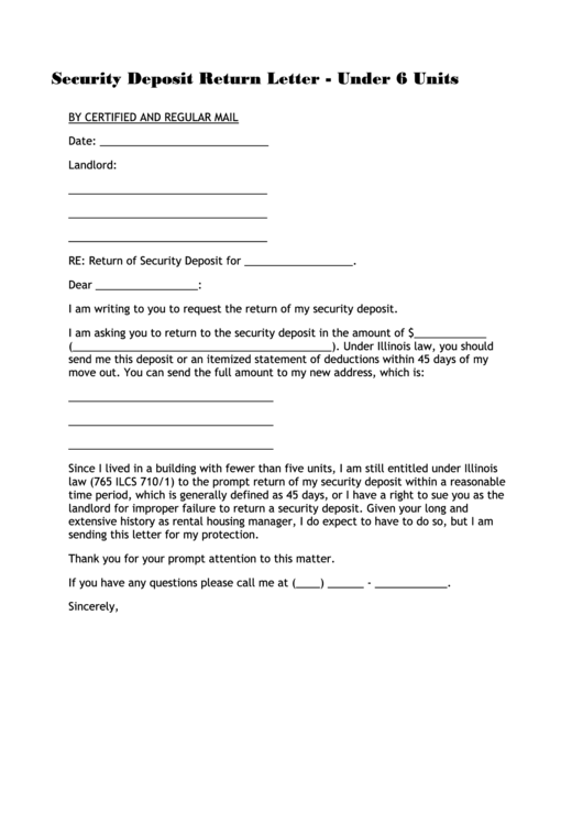 Security Deposit Return Letter - Under 6 Units Form Printable pdf