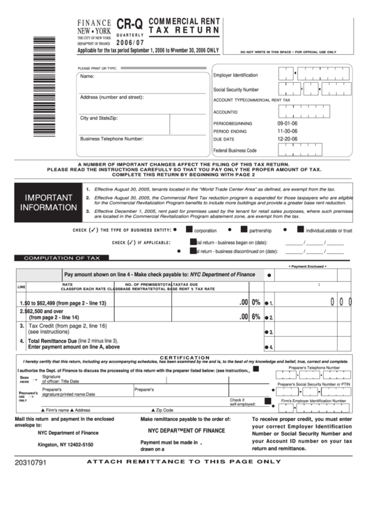 Form Cr-Q - Commercial Rent Tax Return - 2006/07 Printable pdf