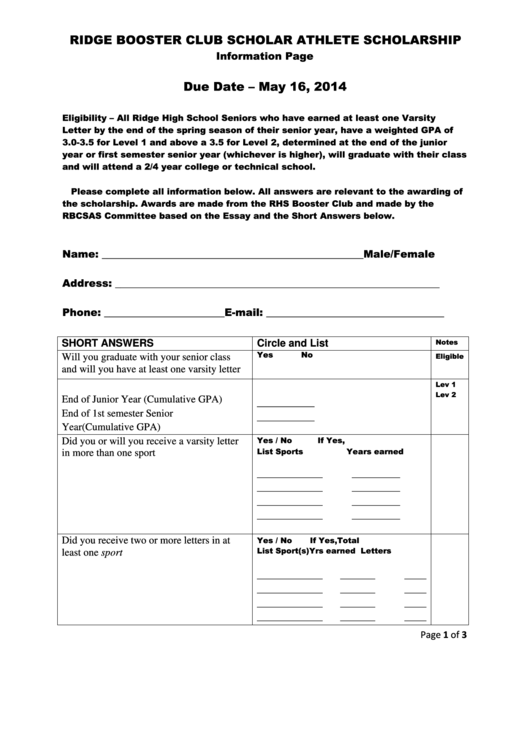 Ridge Booster Club-scholar Athlete Scholarship Information Form