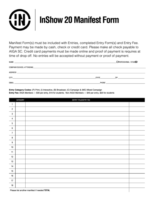 Fillable Inshow 20 Manifest Form-Aiga South Carolina Printable pdf