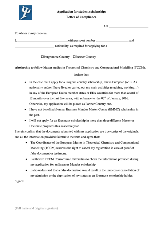 Letter Of Compliance Form-Application For Student Scholarships Printable pdf