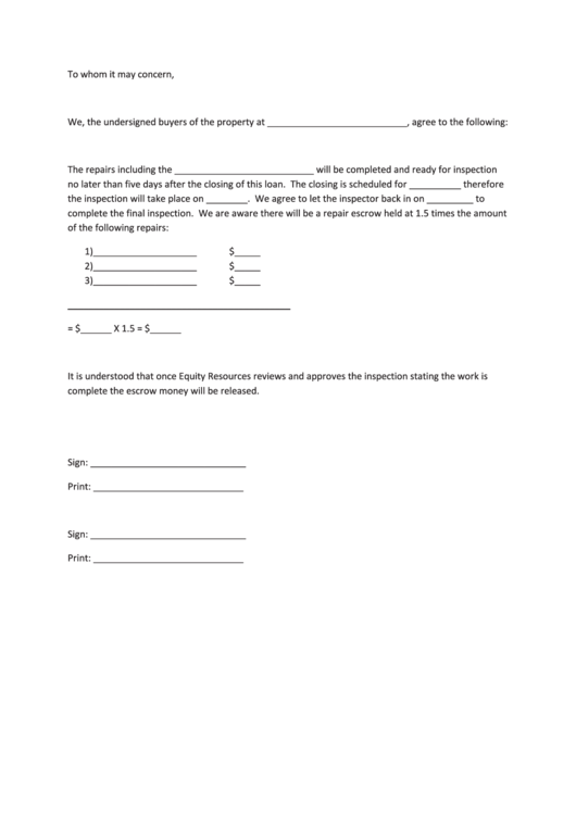 Processing-repair Escrow Letter Template-equity Resources Form