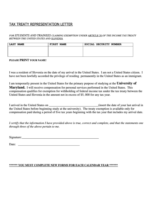 Tax Treaty Representation Letter Form-University Of Maryland Printable pdf