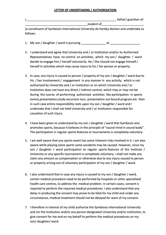 Letter Of Undertaking-Authorisation Form-Symbiosis International University Printable pdf