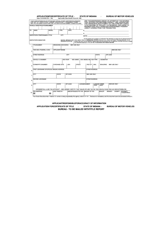 Fillable State Form 44049 - Application For Certificate Of Title - Indiana Bureau Of Motor Vehicles Printable pdf