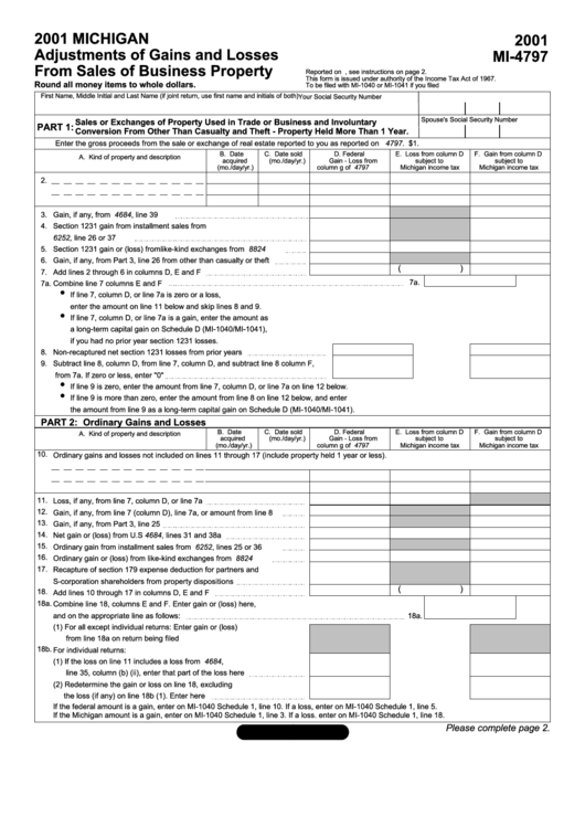 Form Mi-4797 - Michigan Adjustments Of Gains And Losses From Sales Of Business Property - 2001 Printable pdf