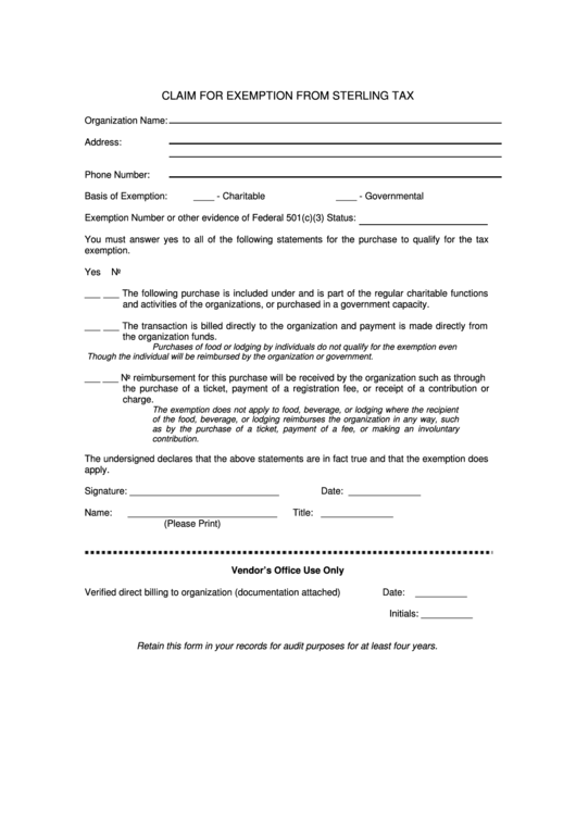 Claim For Exemption From Sterling Tax Form Printable pdf