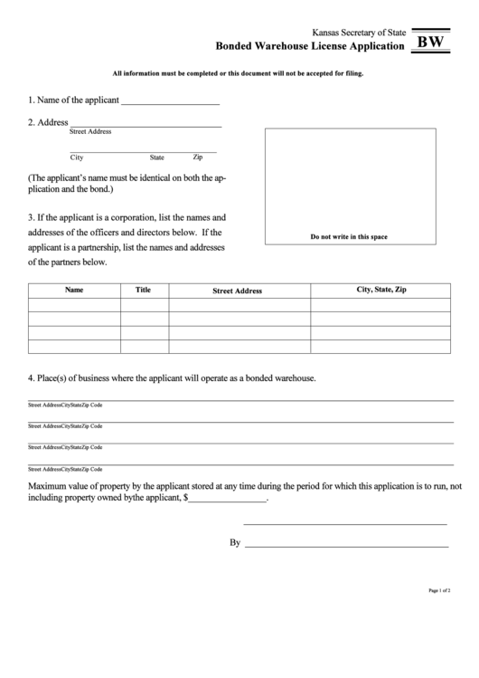 Form Bw - Bonded Warehouse License Application - Kansas Secretary Of State Printable pdf