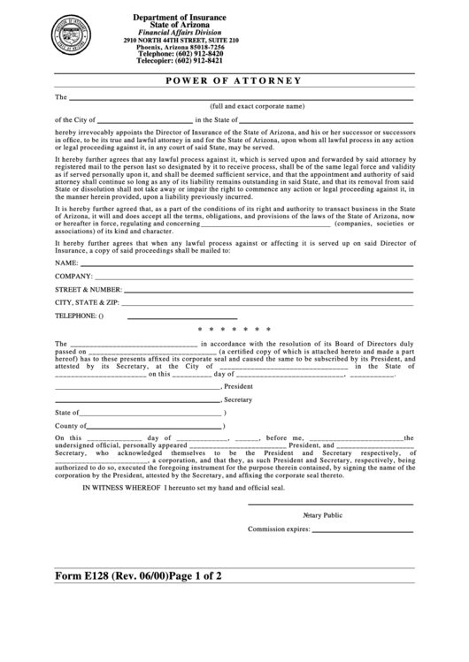 Form E128 - Power Of Attorney June 2000 Printable pdf