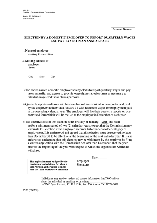 Form C-20 - Election By A Domestic Employer To Report Quarterly Wages And Pay Taxes On An Annual Basis Printable pdf