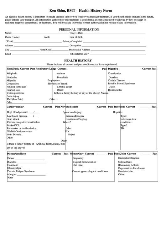 Health History Form Printable pdf