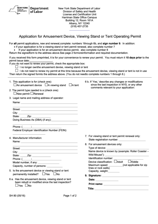 Fillable Form Sh-80 - Application For Amusement Device, Viewing Stand Or Tent Operating Permit - New York State Department Of Labor Printable pdf