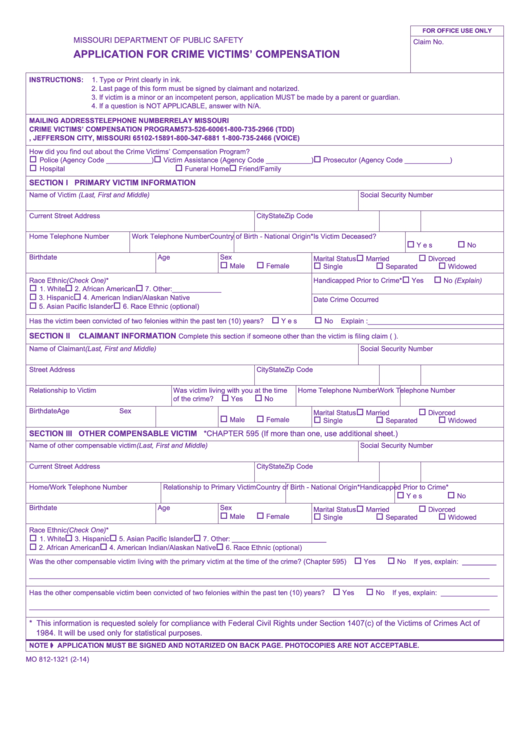 Fillable Form : Mo 812-1321 - Application For Crime Victims