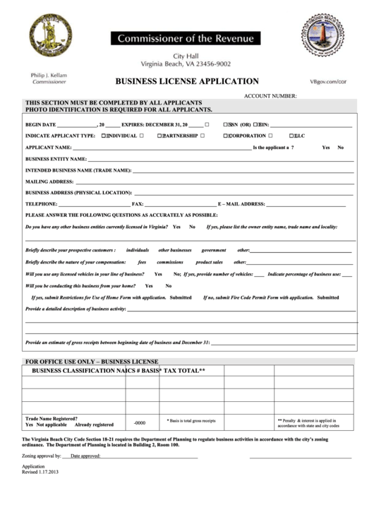 Business License Application Form - Virginia Commissioner Of The Revenue Printable pdf