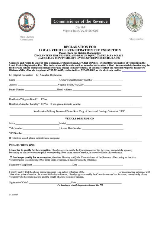 Fillable Declaration For Local Vehicle Registration Fee Exemption Form - Virginia Commissioner Of The Revenue Printable pdf