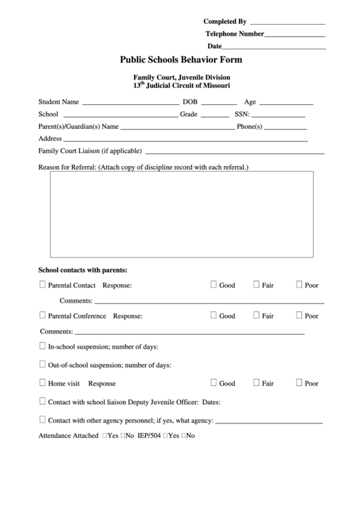 Public Schools Behavior Form Printable pdf