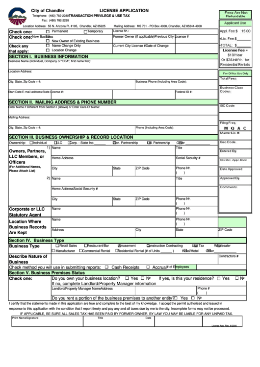 License Application Transaction Privilege & Use Tax - City Of Chandler Printable pdf