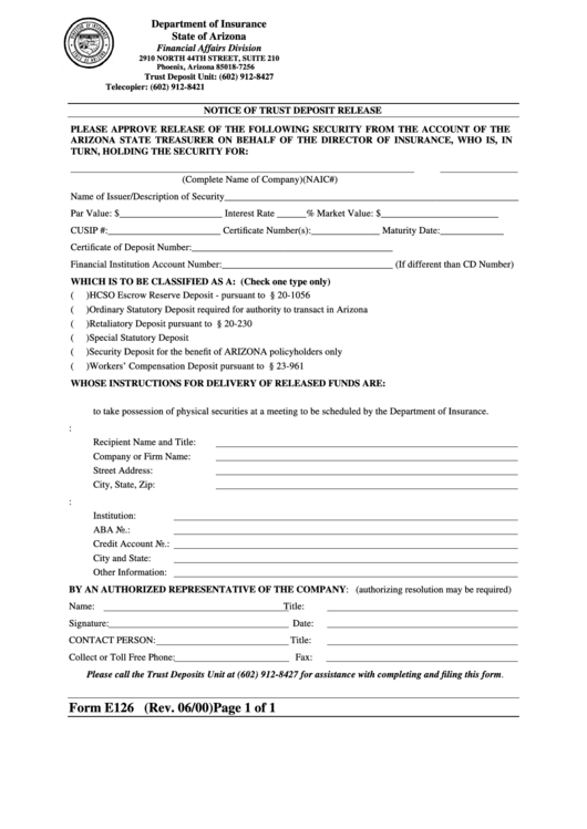 Form E126 - Notice Of Trust Deposit Release July 2000 Printable pdf