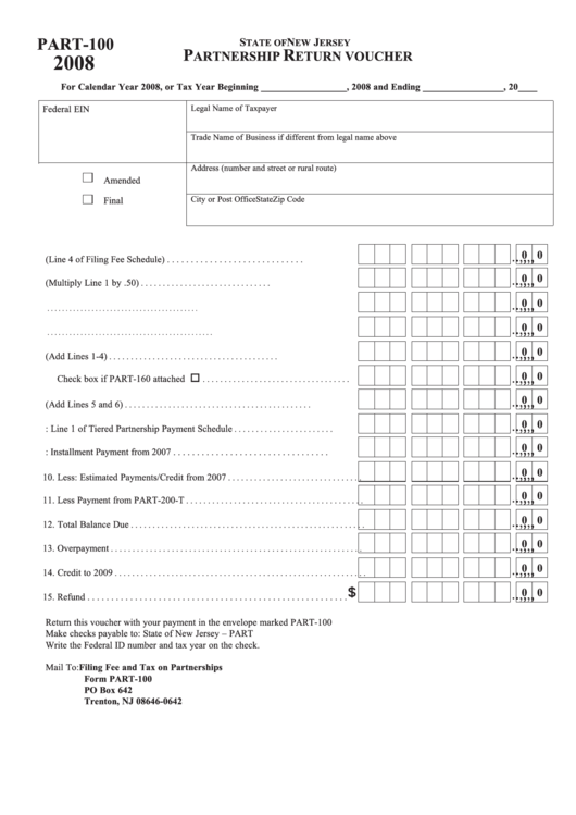 Fillable Form Part-100 - Partnership Return Voucher - 2008 Printable pdf