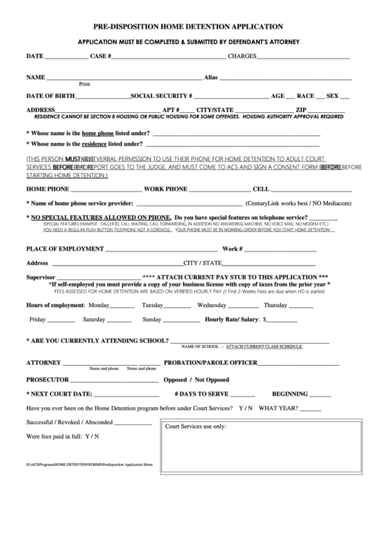 Pre-Disposition Home Detention Application Form Printable pdf