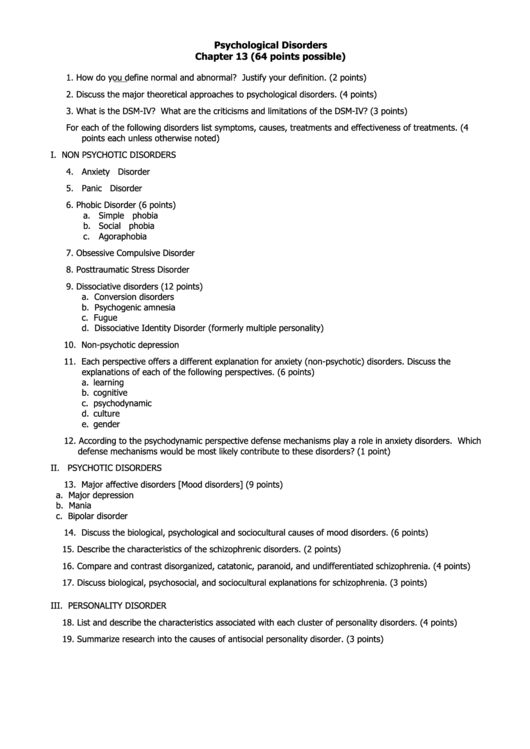 Psychological Disorders Worksheet Printable pdf