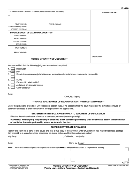 Fillable Form Fl-190 - Notice Of Entry Of Judgment Printable pdf
