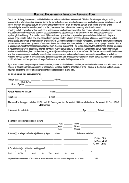 Bullying, Harassment, Or Intimidation Reporting Form Printable pdf
