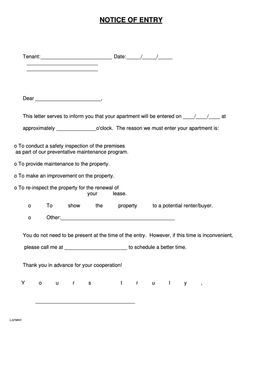 Fillable Form Lafm003 - Notice Of Entry Form Printable pdf