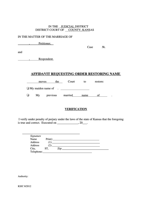 Affidavit Requesting Order Form Restoring Name Printable pdf