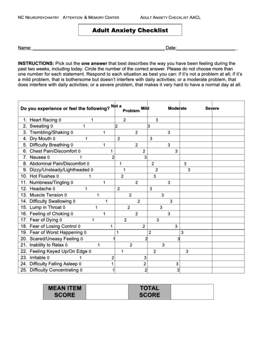 adult anxiety checklist template printable pdf download